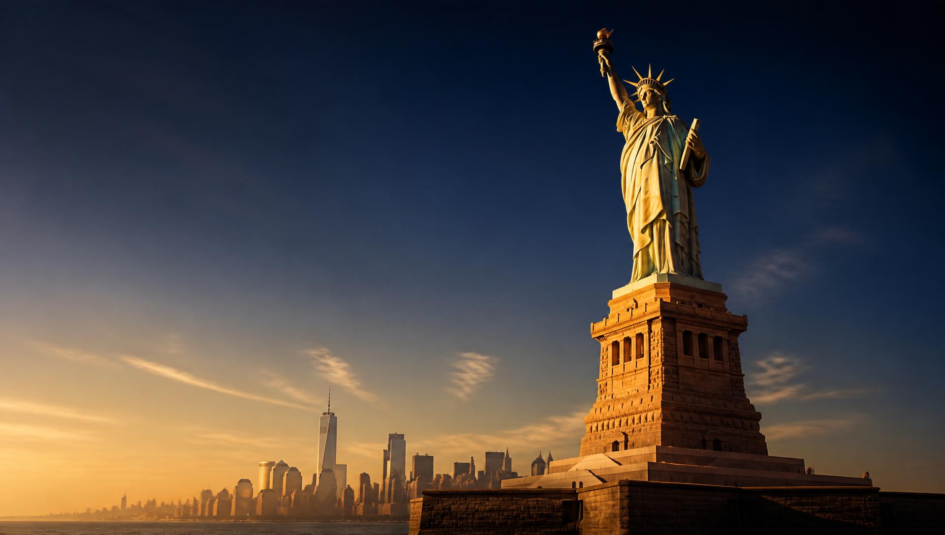 The Statue of Liberty at golden hour with the Manhattan financial district skyline